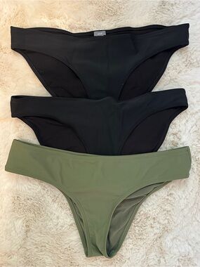 AERIE swim bottoms, sold as a set, all size large, two black, one green